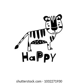 Cute hand drawn tiger in black and white style. Cartoon vector illustration in scandinavian style