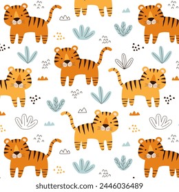 Lindo patrón de tigre dibujado a mano. Ilustración vectorial sin costuras dibujada a mano. Ilustración vectorial de tigre de la selva en estilo plano para el póster textil de papel de envoltura de tela.