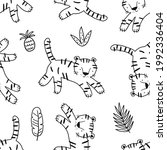 Cute hand drawn tiger. Hand drawn vector illustration - cute cartoon tiger and striped seamless pattern