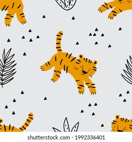 Cute hand drawn tiger. Hand drawn vector illustration - cute cartoon tiger and striped seamless pattern