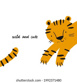 Tigre dibujado a mano. Ilustración vectorial dibujada a mano - tigre tierno de dibujos animados lindo y a rayas 