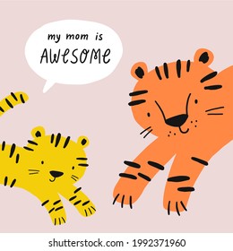 Cute hand drawn tiger. Hand drawn vector illustration - cute cartoon tiger Mom and baby
