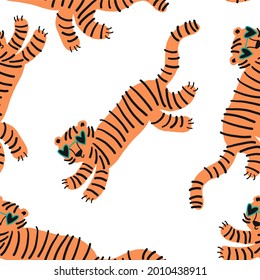 Tigre dibujado a mano. Ilustración vectorial dibujada a mano - tigre tierno de dibujos animados lindo y patrón a rayas sin fisuras