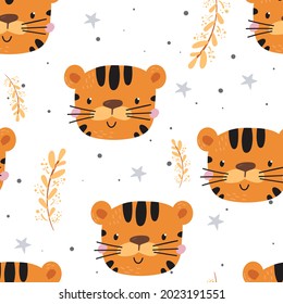 Cute hand drawn tiger. Hand drawn vector illustration - cute cartoon tiger and seamless pattern