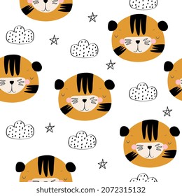 Cute hand drawn tiger. Hand drawn vector illustration - cute cartoon tiger and striped seamless pattern