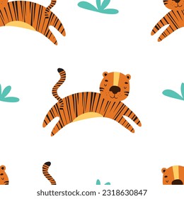 Cute hand drawn tiger. Hand drawn vector illustration - cute tiger and striped seamless pattern
