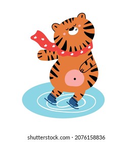 Cute hand drawn tiger wearing a scarf, skating on ice. Symbol of New Year. Nursery design.