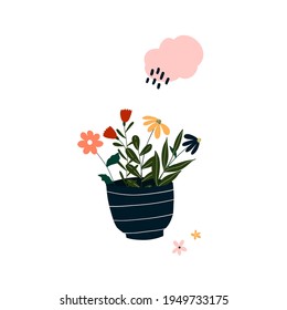 Pequeña flor de maceta con brote a mano. Modelo de estilo escandinavo de higge acogedor para postal, afiche, tarjeta de saludo, diseño de camisetas para niños. Ilustración vectorial en estilo de dibujos animados planos