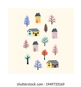 Cute Hand Drawn Tiny Houses With Spring Trees. Cozy Hygge Scandinavian Style Template For Postcard, Poster, Greeting Card, Kids T Shirt Design. Vector Illustration In Flat Cartoon Style