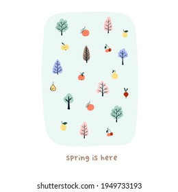 Cute hand drawn tiny spring trees and fruits. Cozy hygge scandinavian style template for postcard, poster, greeting card, kids t shirt design. Vector illustration in flat cartoon style