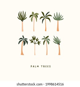 Cute hand drawn tiny summer palm trees isolated on white background. Summer icons vector illustration in flat hand drawn doodle style