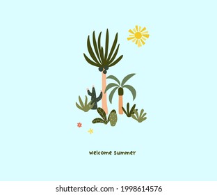 Cute hand drawn tiny summer palm trees. Cute hygge scandinavian template for greeting card, t shirt design. Vector illustration in flat cartoon style