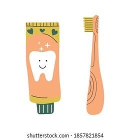 Cute hand drawn toothbrush and paste. Cute smiling tooth. Flat illustration. Dental care concept.