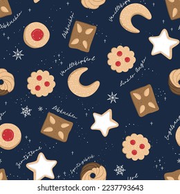 Cute hand drawn traditional Austrian and German Christmas cookies, handwritten names of the cookies in german - seamless pattern, great for textiles, napinks, table cloth, wrapping - vector design
