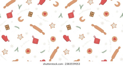 Cute hand drawn traditional Austrian and German Christmas cookies and baking stuff seamless pattern, great for textiles, napinks, table cloth, wrapping - vector design