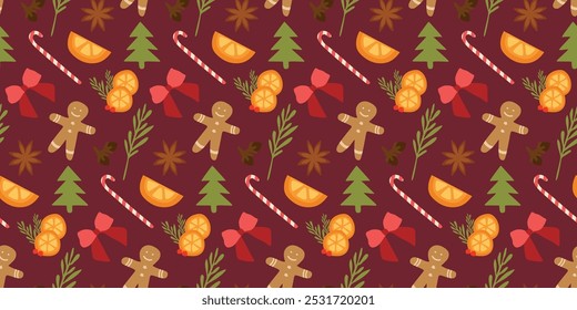 Cute hand drawn traditional Austrian and German Christmas cookies and baking stuff seamless pattern, great for textiles, napkins, table cloth, wrapping. Vector Flat design for Wrapping paper