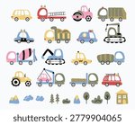 Cute hand drawn transport collection for kids, set of construction vehicles, cars, trucks and emergency service clipart isolated on white background.