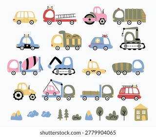 Cute hand drawn transport collection for kids, set of construction vehicles, cars, trucks and emergency service clipart isolated on white background.