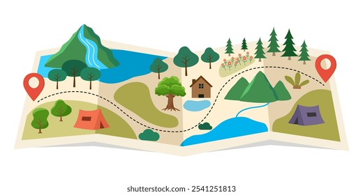 Cute hand drawn traveling map with mountains, tents, trees, hills landscape, adventure for banner, wallpaper, card.