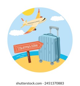 Cute hand drawn travelling round icon. Tourism and camping adventure icon. Сlipart with travelling elements, bags, transport, sea, beach.