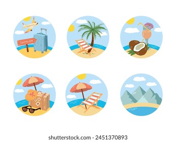 Conjunto de iconos de viaje dibujado a mano lindo. Iconos de turismo y acampada de aventura. Сlipart con Elementos de viaje, mar, playa, montañas, maleta, gafas de sol, sombrero de paja, etc.