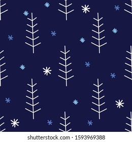 Cute hand drawn trees with snowflakes seamless pattern, nursery background.