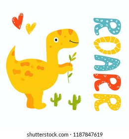 Cute hand drawn trex dino. Roarr greeting card. Suitable also for prints