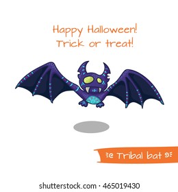 Cute hand drawn tribal bat for Happy Halloween. Vector illustration with oriental ornaments. Doode art animals.