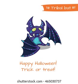 Cute hand drawn tribal bat for Happy Halloween. Vector illustration with oriental ornaments. Doode art animals.