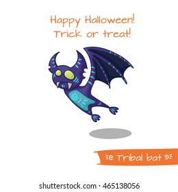 Cute hand drawn tribal bat for Happy Halloween. Vector illustration with oriental ornaments. Doode art animals.