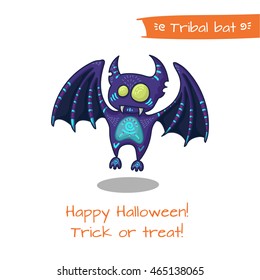 Cute hand drawn tribal bat for Happy Halloween. Vector illustration with oriental ornaments. Doode art animals.