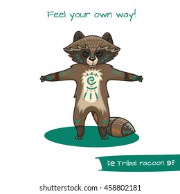 Cute hand drawn tribal racoon doing yoga position, fitness or gymnastic. Vector illustration.