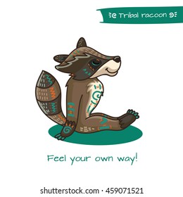 Cute hand drawn tribal racoon doing yoga position, fitness or gymnastic. Vector illustration.