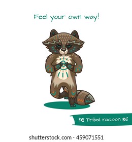 Cute hand drawn tribal racoon doing yoga position, fitness or gymnastic. Vector illustration.