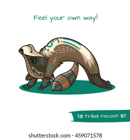 Cute hand drawn tribal racoon doing yoga position, fitness or gymnastic. Vector illustration.