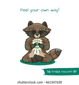 Cute hand drawn tribal racoon doing yoga position, fitness or gymnastic. Vector illustration.