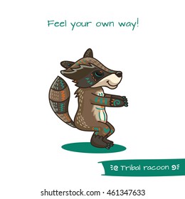 Cute hand drawn tribal racoon doing yoga position, fitness or gymnastic. Vector illustration.