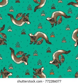 Cute hand drawn tribal racoon doing yoga position, fitness or gymnastic. Vector seamless pattern illustration. Nature ornament.