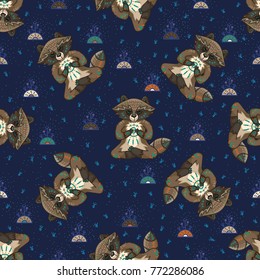 Cute hand drawn tribal racoon doing yoga position, fitness or gymnastic. Vector seamless pattern illustration. Nature ornament.