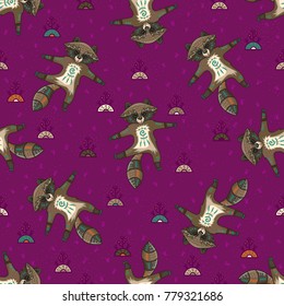 Cute hand drawn tribal racoon doing yoga position, fitness or gymnastic. Vector seamless pattern illustration. Nature ornament.