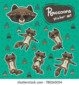 Cute hand drawn tribal racoon doing yoga position, fitness or gymnastic. Vector stikers. Nature ornament illustration.