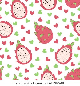 Cute hand drawn tropical dragon fruit pattern. Seamless cartoon exotic background. Pitahaya on white background with hearts.