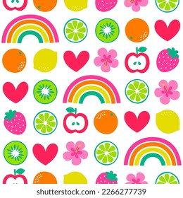 Cute hand drawn tropical fruit, rainbow and heart seamless pattern for summer holidays background.