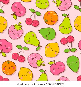 Cute hand drawn tropical fruits cartoon seamless pattern on pink background