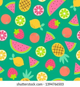 Cute hand drawn tropical fruits seamless pattern background.