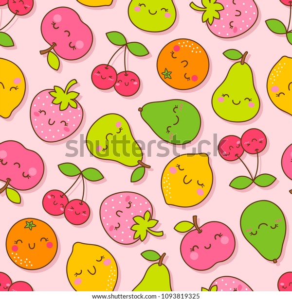 ピンクの背景にかわいい手描きの熱帯の果物のシームレスなパターン のベクター画像素材 ロイヤリティフリー