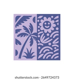 Cute Hand Drawn Tropical Paradise Scene with Palm Tree Happy Sun Waves and Tropical Leaves Vector Illustration