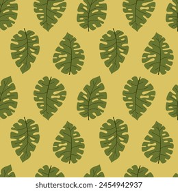 Cute hand drawn tropical plant leaves seamless pattern. Monstera branches. Flat vector illustration