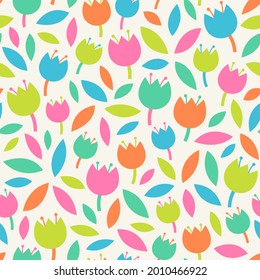 Cute hand drawn tulip with leaf seamless pattern background.
