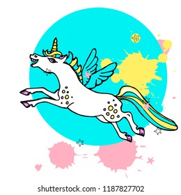 Cute hand drawn unicorn, abstract paint blobs, brightly colorful background. Cartoon style.